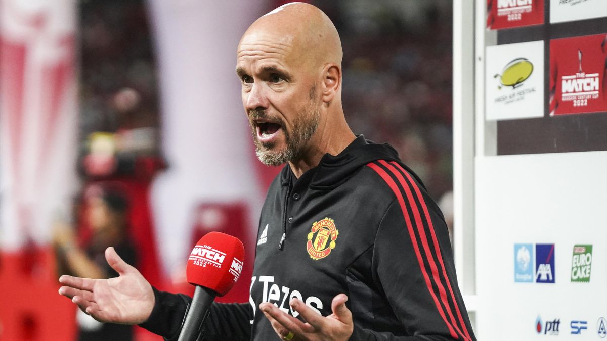 Erik Ten Hag takes part in a press conference after the exhibition friendly match between Liverpool and Manchester United at Rajamangala National Stadium in Bangkok, Thailand, 12 July 2022.