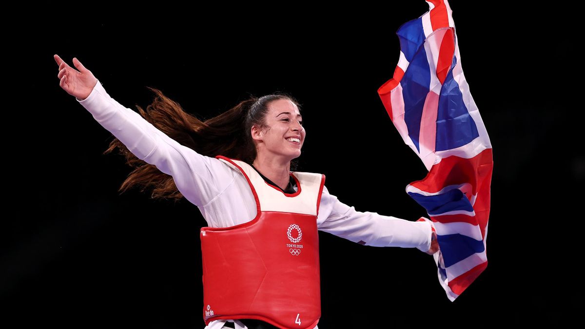 Bianca Walkden of Team GB celebrates her taekwondo bronze medal