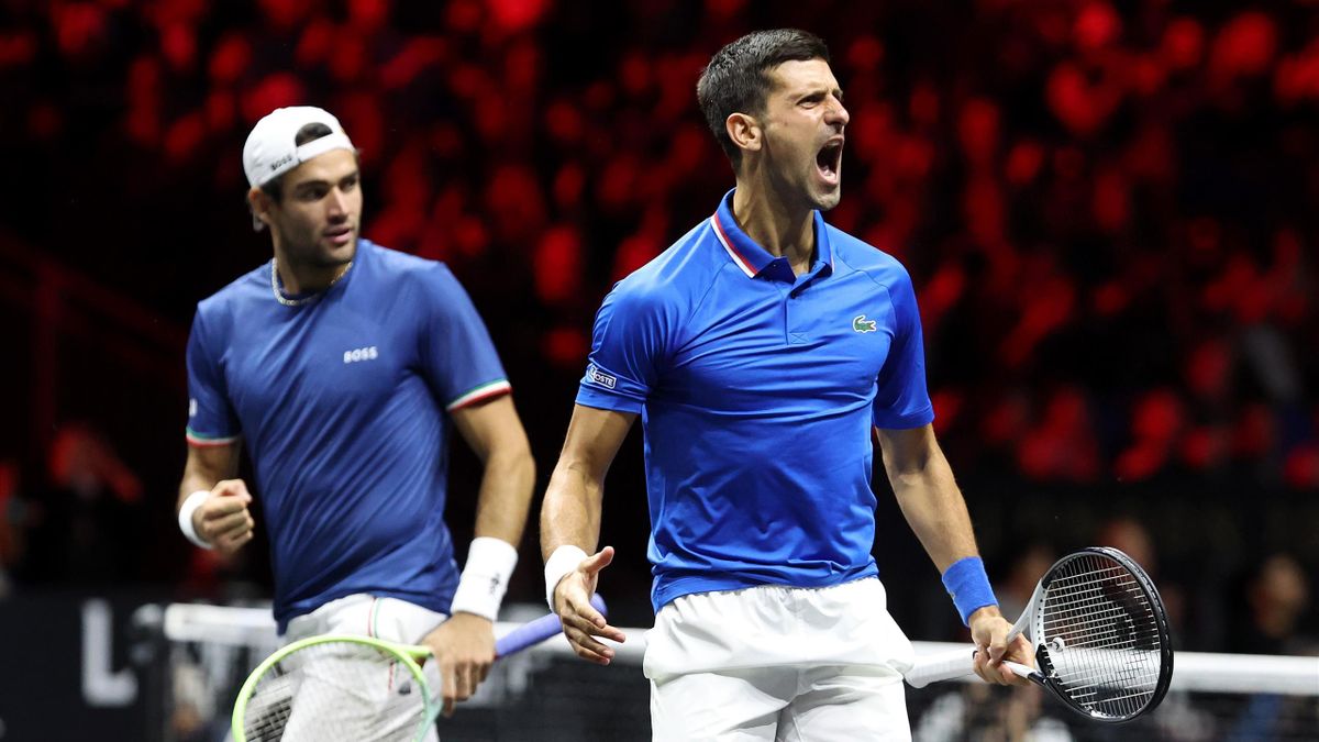 Novak Djokovic and Matteo Berrettini of Team Europe celebrate a point in the match between Alex De Minaur and Jack Sock of Team World and nsjoa and Matteo Berrettini of Team Europe during Day Two of the Laver Cup at The O2 Arena on September 24, 2022 in