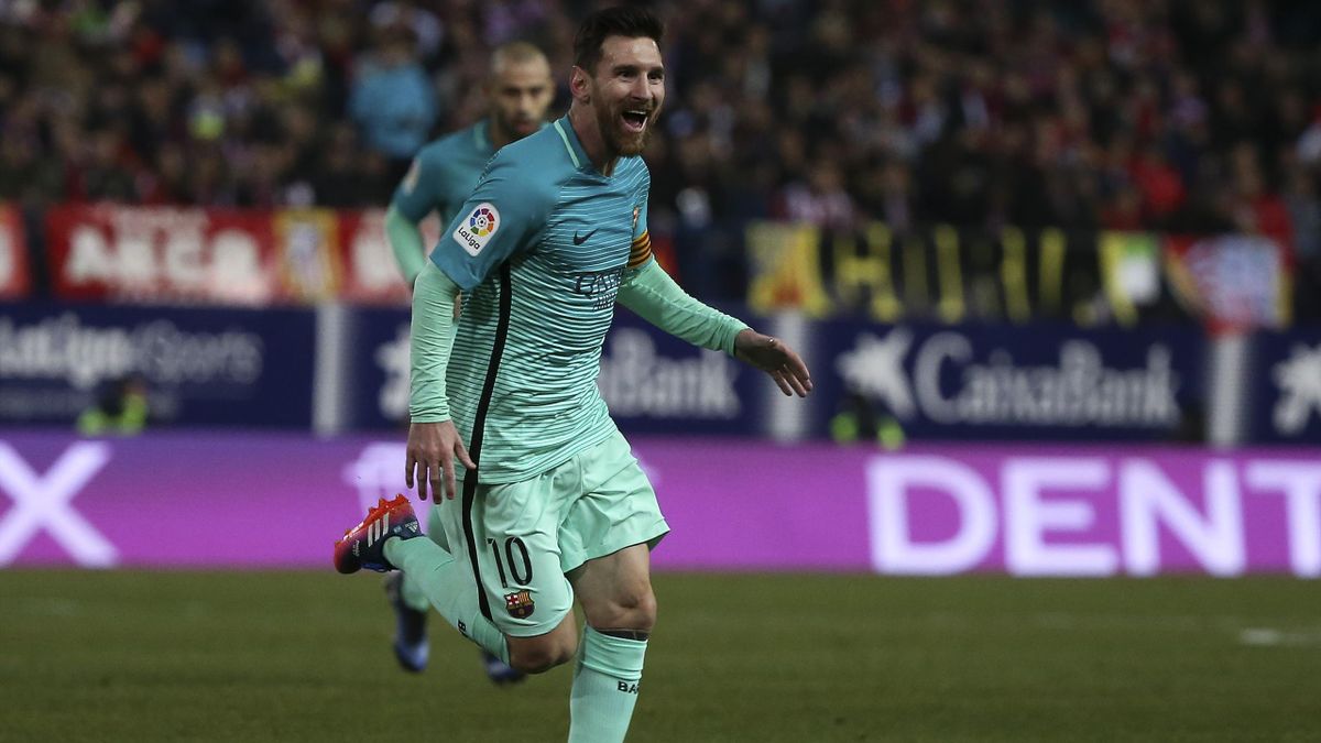 Barcelona's Lionel Messi celebrates after scoring their second goal.