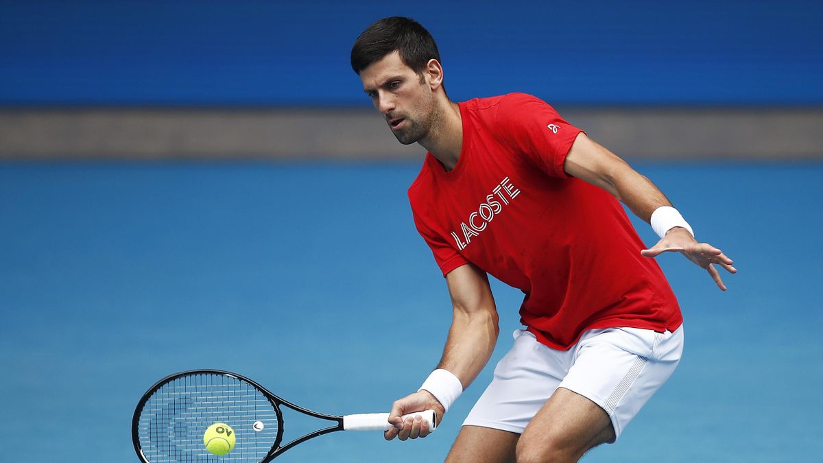 Novak Djokovic of Serbia plays a forehand during a practice session at Melbourne Park on February 1, 2021 in Melbourne, Australia.