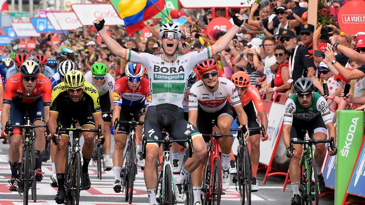 Team Bora rider Ireland's Sam Bennett crosses the finish line and wins the third stage of the 2019 La Vuelta cycling tour of Spain, a 188 km race from Ibi to Alicante