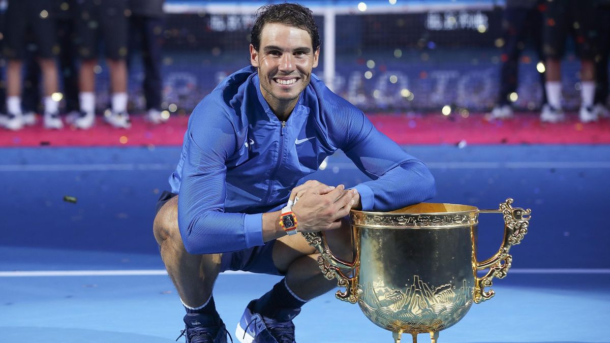 Rafael Nadal of Spain hold the winners trophy after winning the Men's Singles final against Nick Kyrgios of Australia on day nine of the 2017 China Open at the China National Tennis Centre on October 8, 2017 in Beijing, China.