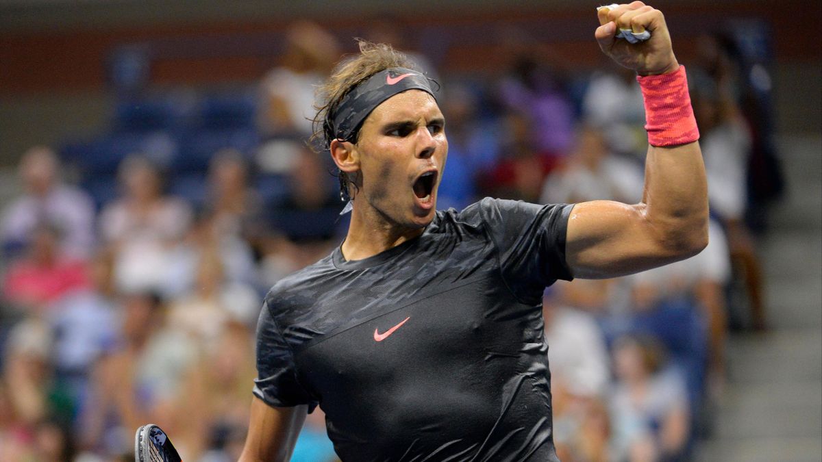 Rafael Nadal of Spain after winning a point to set up match point against Borna Coric of Croatia on day one of the 2015 US Open tennis tournament at USTA Billie Jean King National Tennis Center