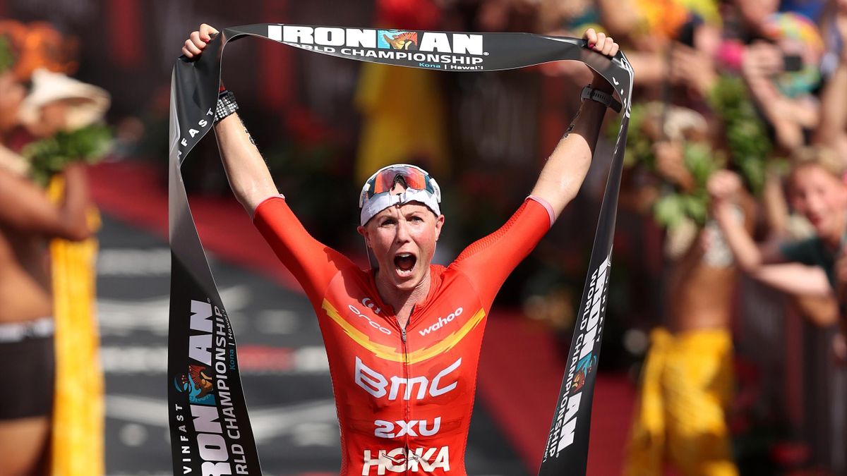 Chelsea Sodaro celebrates after winning the Ironman World Championship