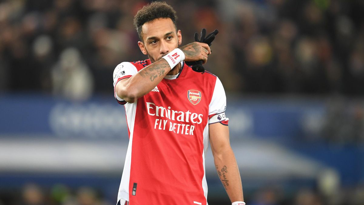 LIVERPOOL, ENGLAND - DECEMBER 06: Arsenal's Pierre-Emerick Aubameyang after the Premier League match between Everton and Arsenal at Goodison Park on December 06, 2021 in Liverpool, England. (Photo by Stuart MacFarlane/Arsenal FC via Getty Images)