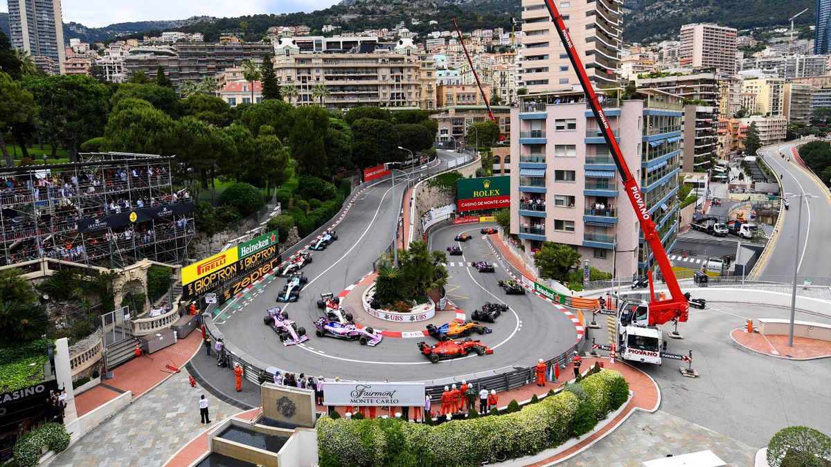 A general view of the start at the Fairmont Hairpin showing Charles Leclerc of Monaco driving the (16) Scuderia Ferrari SF90 and Lando Norris of Great Britain driving the (4) McLaren F1 Team MCL34 Renault showing during the F1 Grand Prix of Monaco at Cir