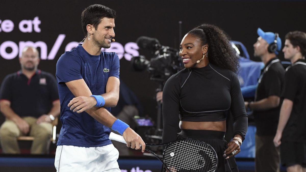 Serena Williams of the US and Novak Djokovic of Serbia share a lighter moment as they and other top players play in the Rally for Relief charity tennis match in support of the victims of the Australian bushfires, in Melbourne of January 15, 2020