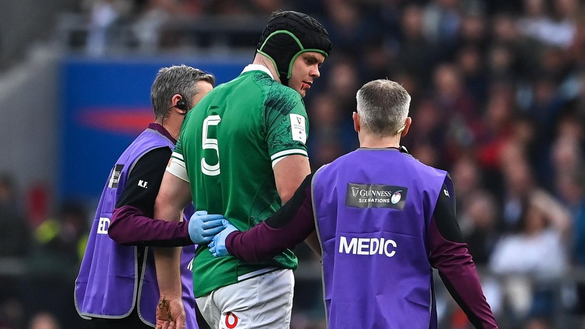 Ireland's James Ryan leaves the pitch for a head injury assessment during the 2022 Six Nations