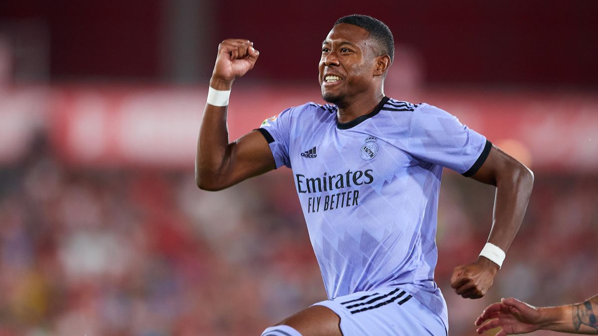 David Alaba of Real Madrid celebrates scoring their teams second goal during the LaLiga Santander match between UD Almeria and Real Madrid CF at Juegos Mediterraneos on August 14, 2022 in Almeria, Spain