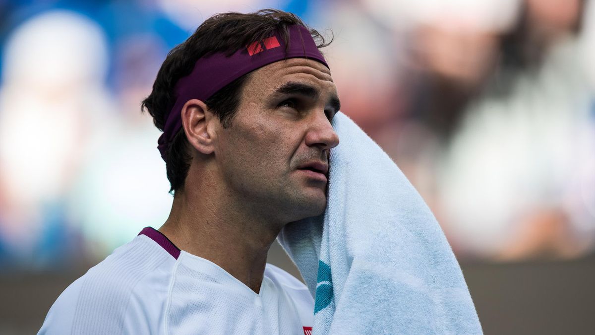 Roger Federer of Switzerland in between points in his quarter final match against Tennys Sandgren of the United States on day nine of the 2020 Australian Open at Melbourne Park on January 28, 2020 in Melbourne, Australia
