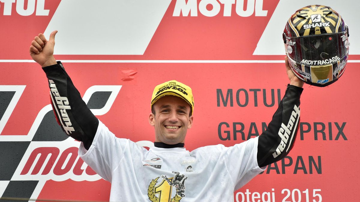 Ajo Motorsport rider Johann Zarco of France celebrates his victory on the podium during the awards ceremony for the Moto2-class race at the Japanese Grand Prix in Motegi, Tochigi prefecture on October 11, 2015