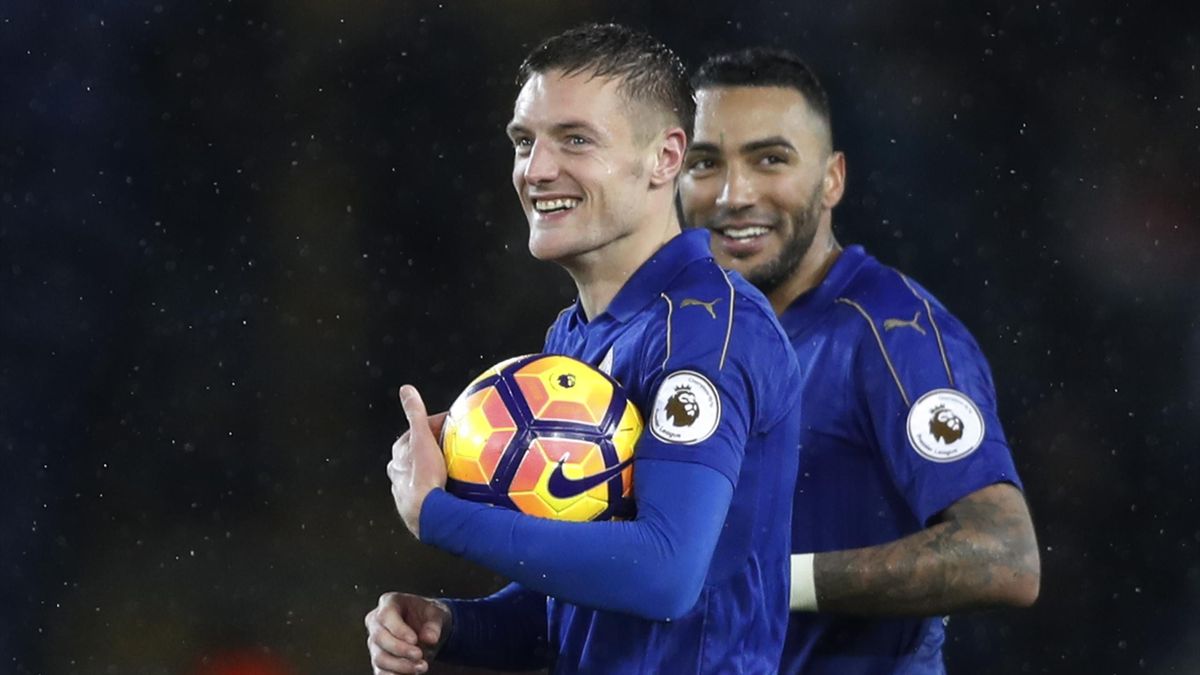 Leicester City's Jamie Vardy with the match ball at the end of the match