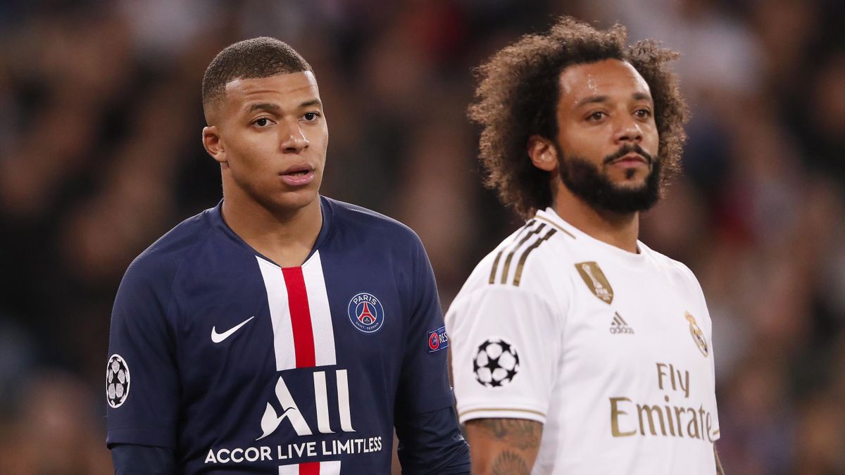 Kylian Mbappe of Paris Saint-Germain, Marcelo of Real Madrid during the UEFA Champions League group A match between Real Madrid and Paris Saint-Germain at the Santiago Bernabeu stadium on November 26, 2019 in Madrid, Spain