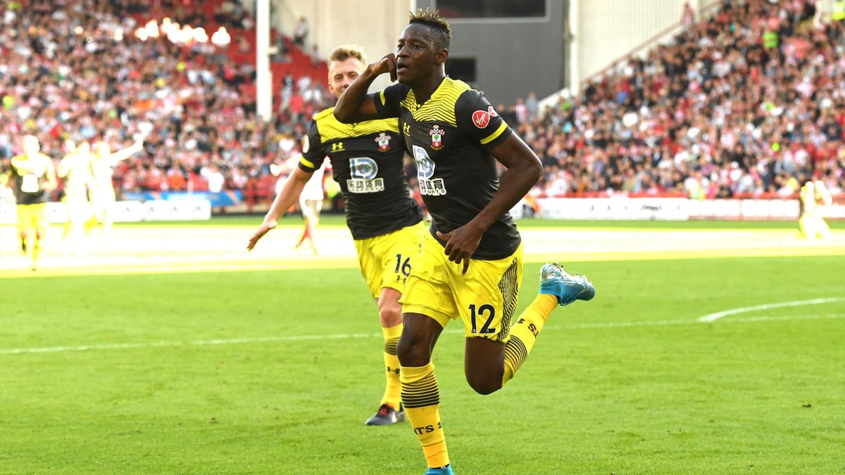 Moussa Djenepo of Southampton celebrates after scoring his team's first goal during the Premier League match against Sheffield United at Bramall Lane on September 14, 2019