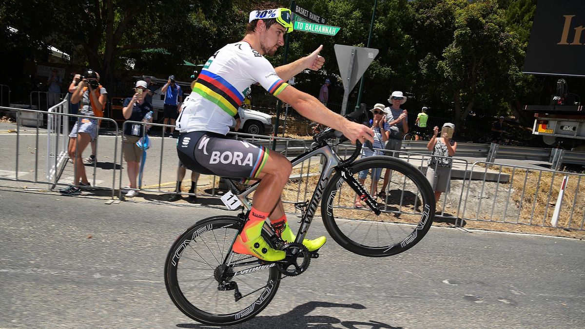 Peter Sagan of Slovakia and Bora-Hansgrohe celebrates after winning stage four of the 2018 Tour Down Under on January 19, 2018 in Adelaide, Australia