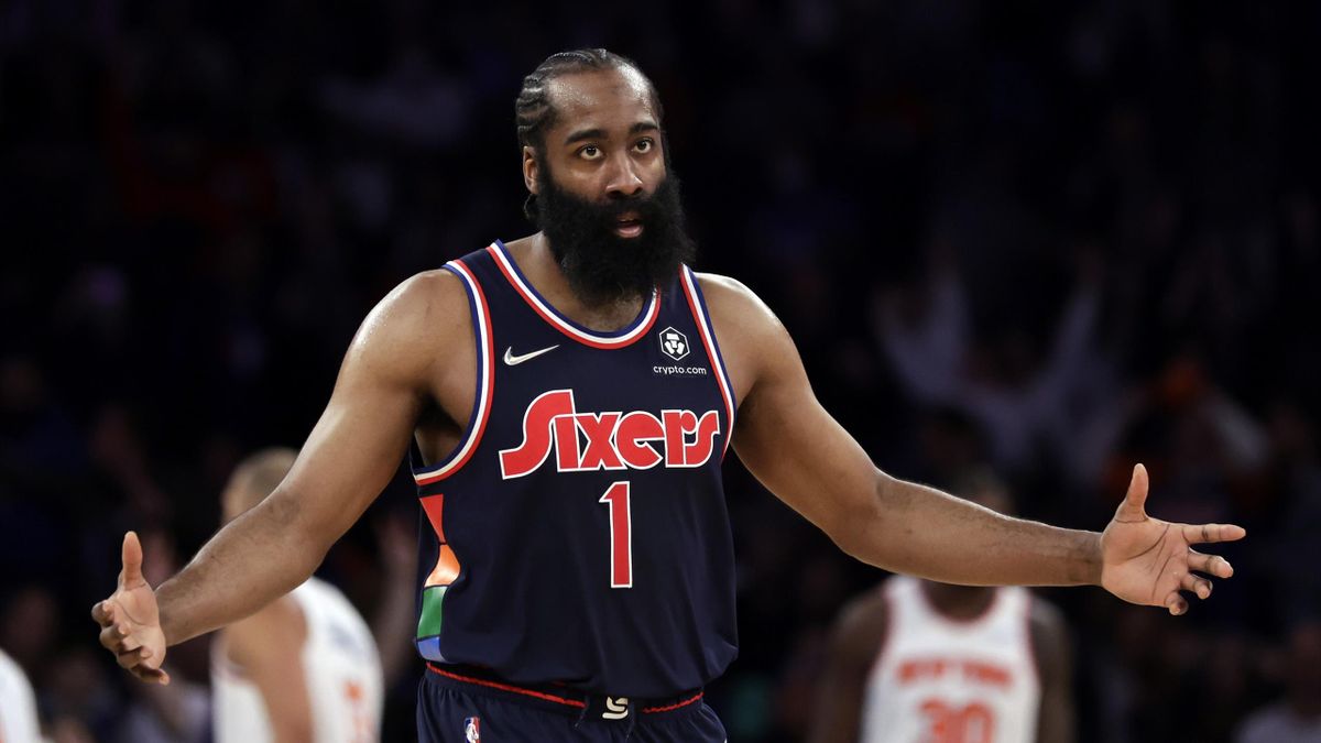 James Harden #1 of the Philadelphia 76ers reacts against the New York Knicks during the second half at Madison Square Garden on February 27, 2022 in New York City. Philadelphia 76ers won 125-109