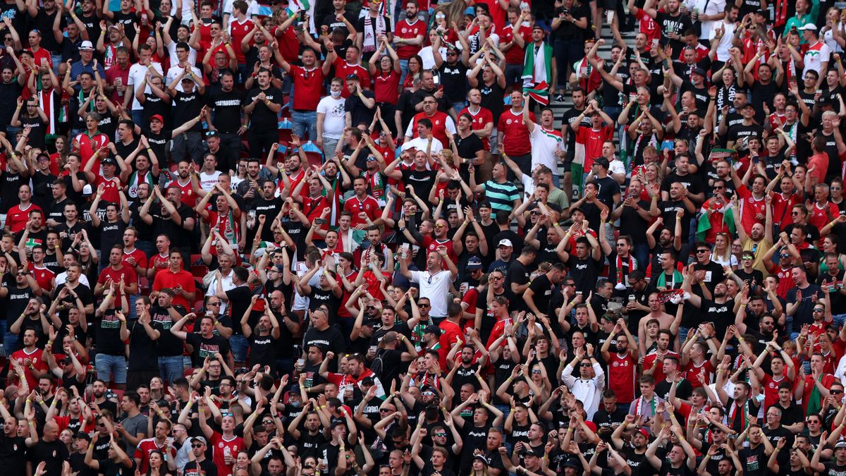Hungary fans cheer before the UEFA EURO 2020 Group F football match between Hungary and Portugal at the Puskas Arena in Budapest on June 15, 2021.