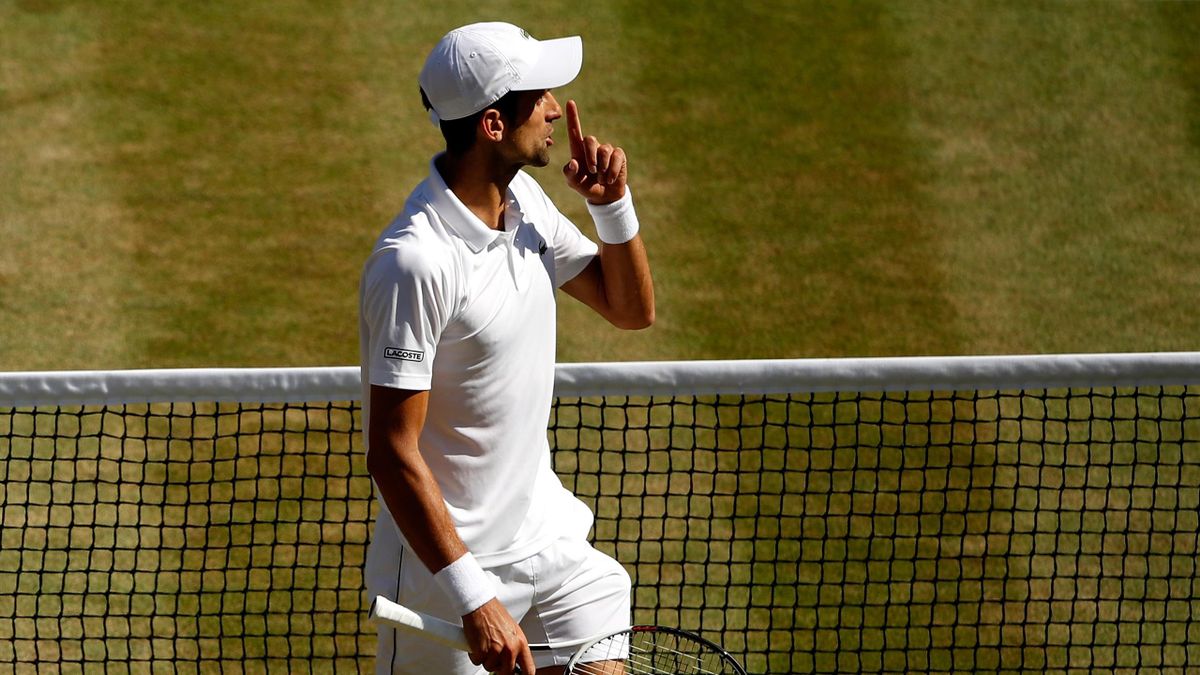 Novak Djokovic of Serbia gestures during the Men's Singles final against Kevin Anderson of South Africa on day thirteen of the Wimbledon Lawn Tennis Championships at All England Lawn Tennis and Croquet Club