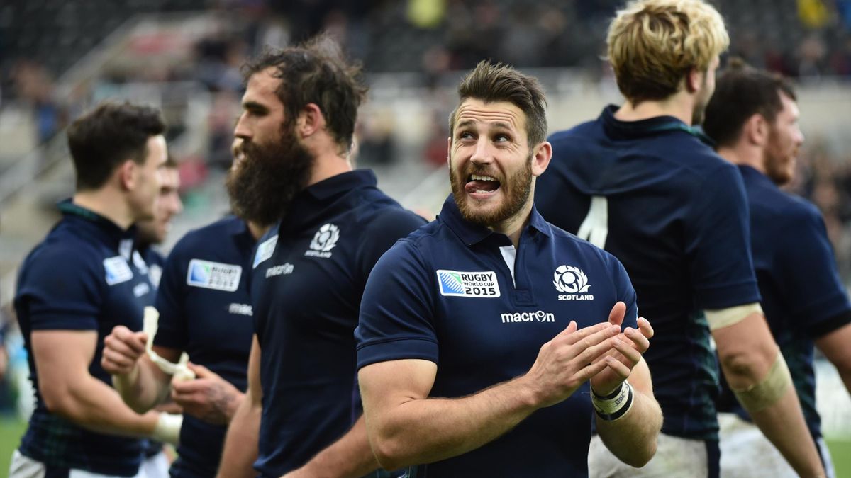Scotland's wing Tommy Seymour celebrates after winning a Pool B match of the 2015 Rugby World Cup between Scotland and Samoa at St James' Park in Newcastle-upon-Tyne, northeast England, on October 10, 2015