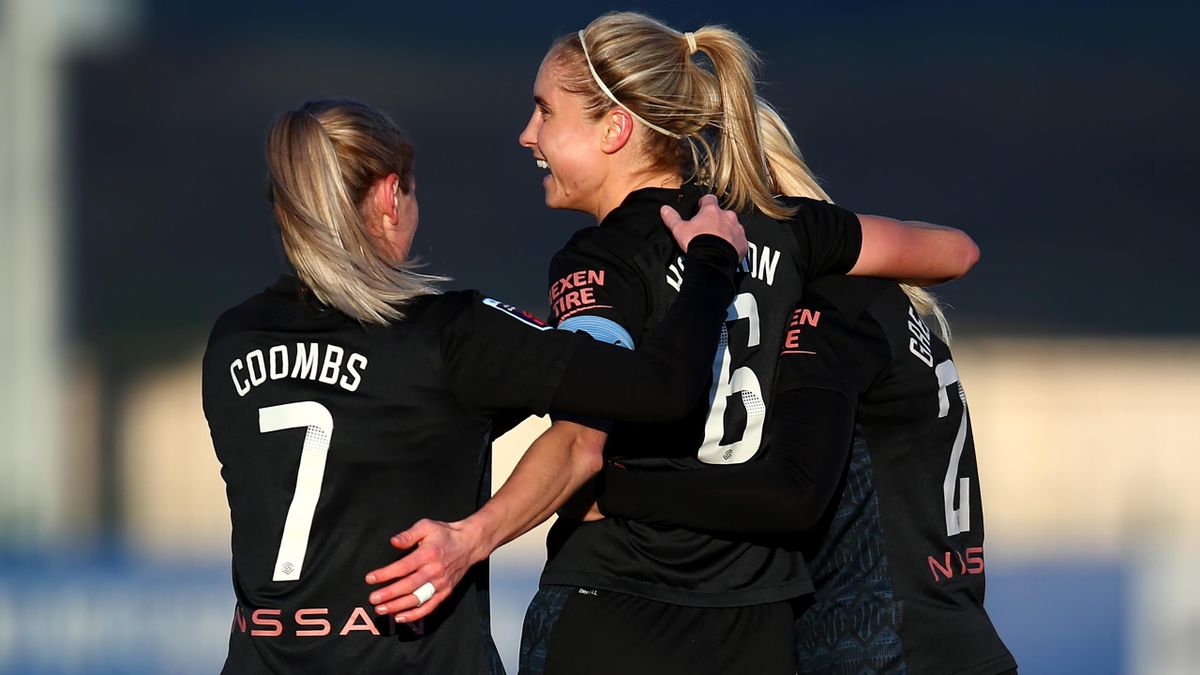Steph Houghton of Manchester City celebrates with team mates after scoring, Brighton & Hove Albion Women v Manchester City Women, Barclays FA Women's Super League at The American Express Elite Football Performance Centre, Lancing, January 24, 2021