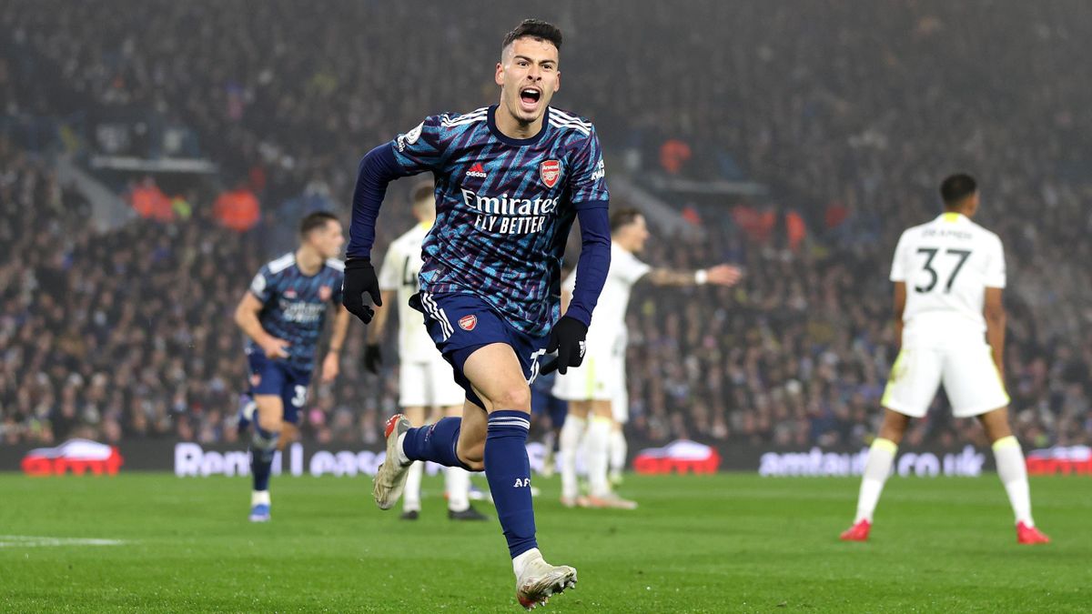 Gabriel Martinelli of Arsenal celebrates after scoring their team's first goal during the Premier League
