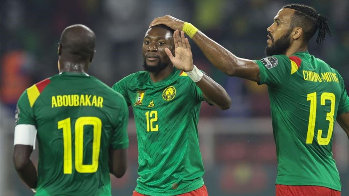 Karl Toko Ekambi celebrates after making it 1-0 to Cameroon in the first half