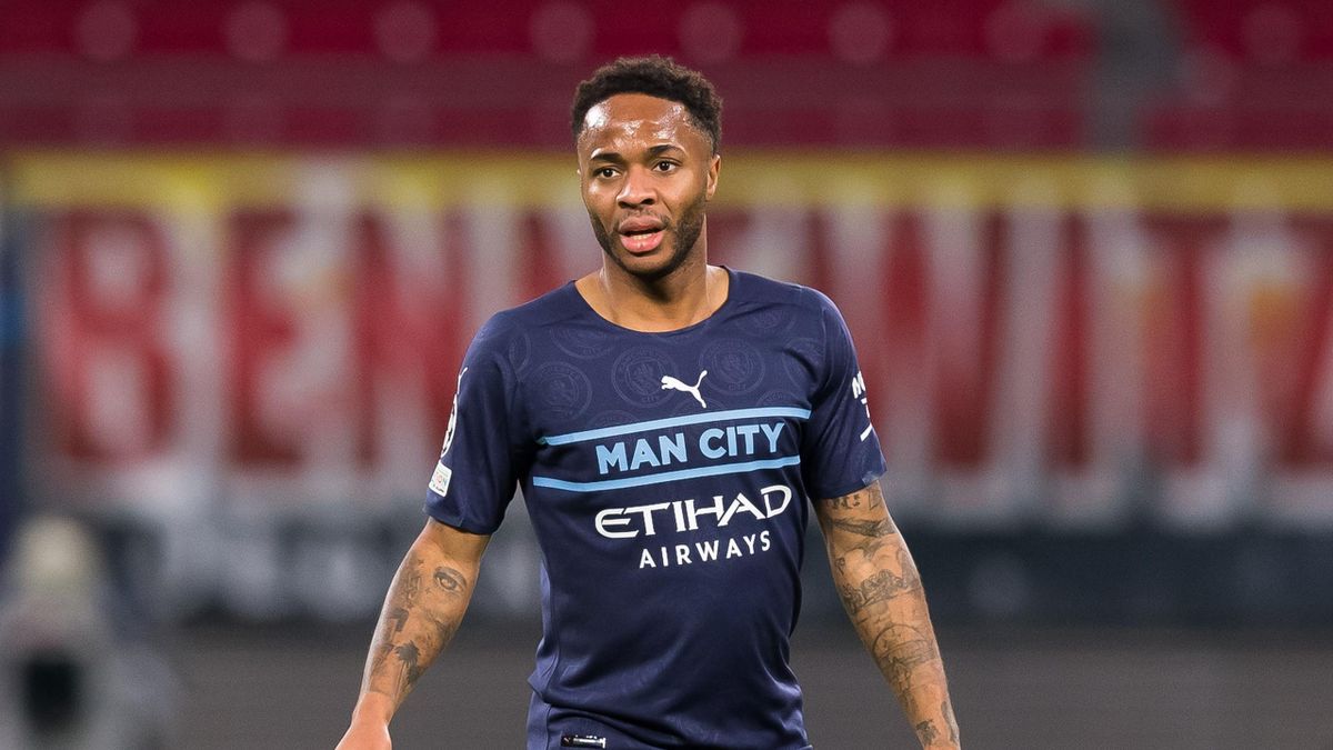 Raheem Sterling of Manchester City looks on during the UEFA Champions League group A match between RB Leipzig and Manchester City at Red Bull Arena on December 7, 2021 in Leipzig, Germany. (Photo by Mario Hommes/DeFodi Images via Getty Images)