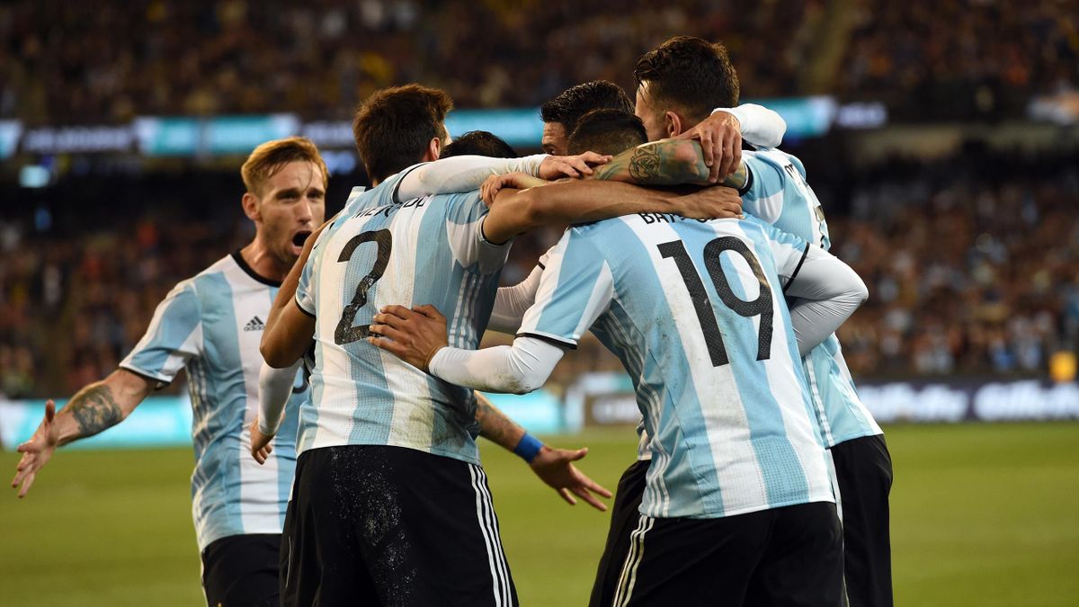 Argentina's players celebrate their first goal of Gabriel Mercado