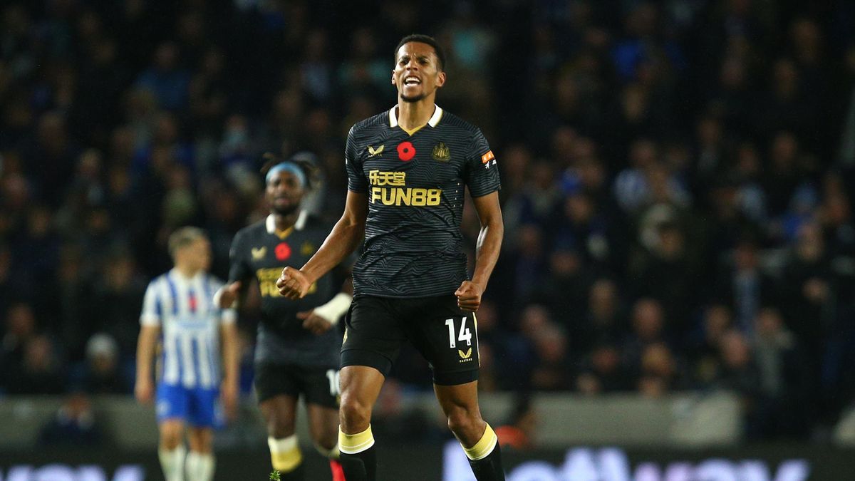 Isaac Hayden of Newcastle United celebrates after scoring their team's first goal during the Premier League match between Brighton & Hove Albion and Newcastle United at American Express Community Stadium