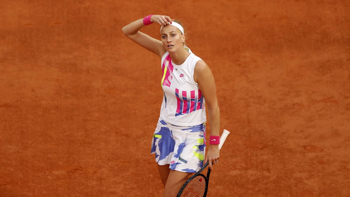 Petra Kvitova of Czech Republic looks on during her Women's Singles semifinals match against Sofia Kenin of The United States of America on day twelve of the 2020 French Open at Roland Garros