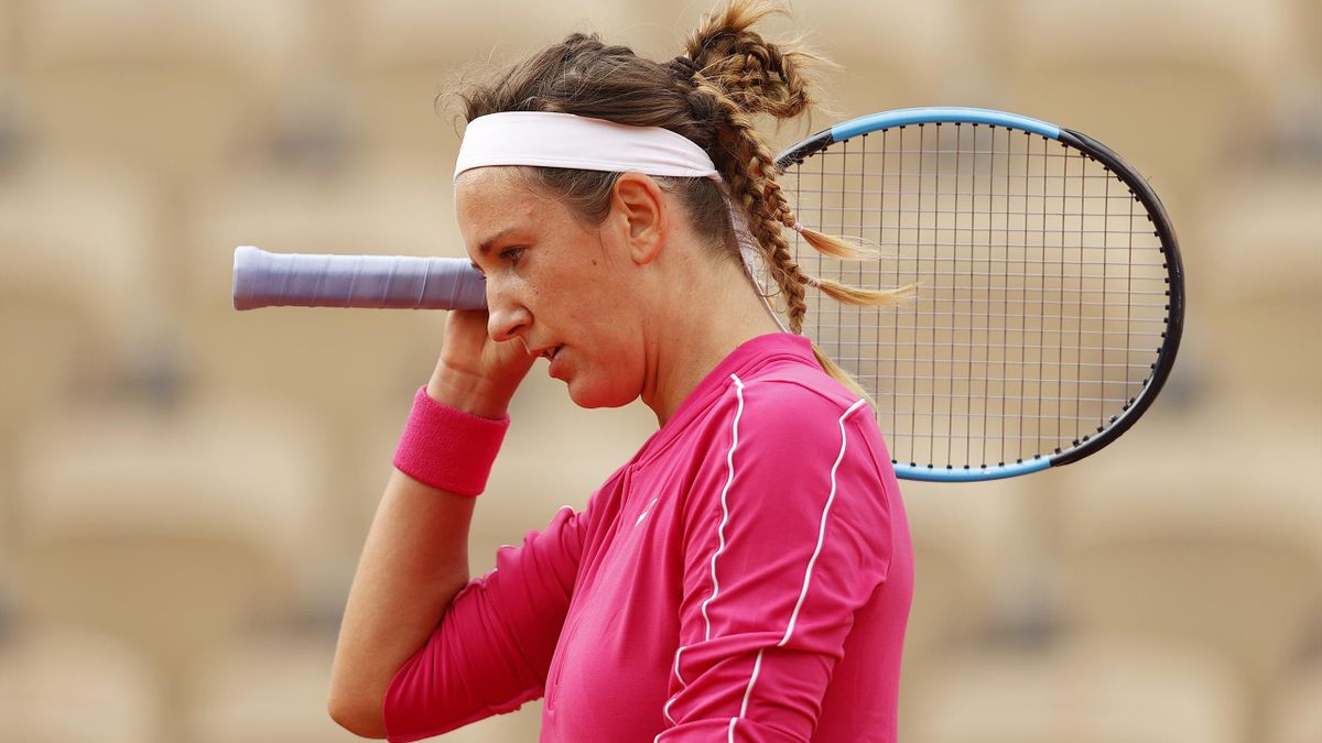 Victoria Azarenka of Belarus looks on during her Women's Singles second round match against Anna Karolina Schmiedlova of Slovakia on day four of the 2020 French Open at Roland Garros on September 30, 2020