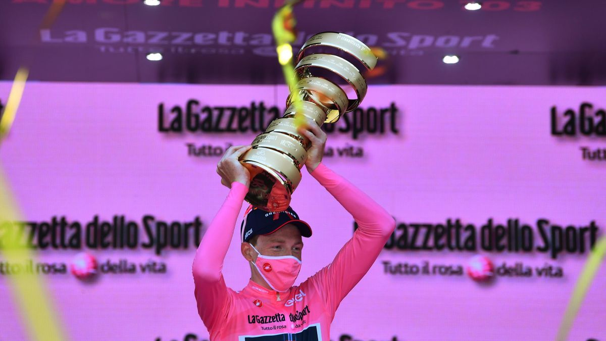 Tao Geoghegan Hart of The United Kingdom and Team INEOS Grenadiers Pink Leader Jersey / Celebration / Trophy / Trofeo Senza Fine / during the 103rd Giro d'Italia 2020, Stage 21 a 15,7km Individual time trial from Cernusco sul Naviglio to Milano / ITT