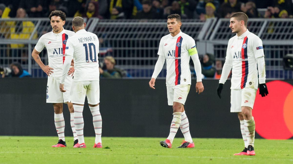 Marquinhos, Neymar, Thiago Silva et Verratti lors de Dortmund - PSG