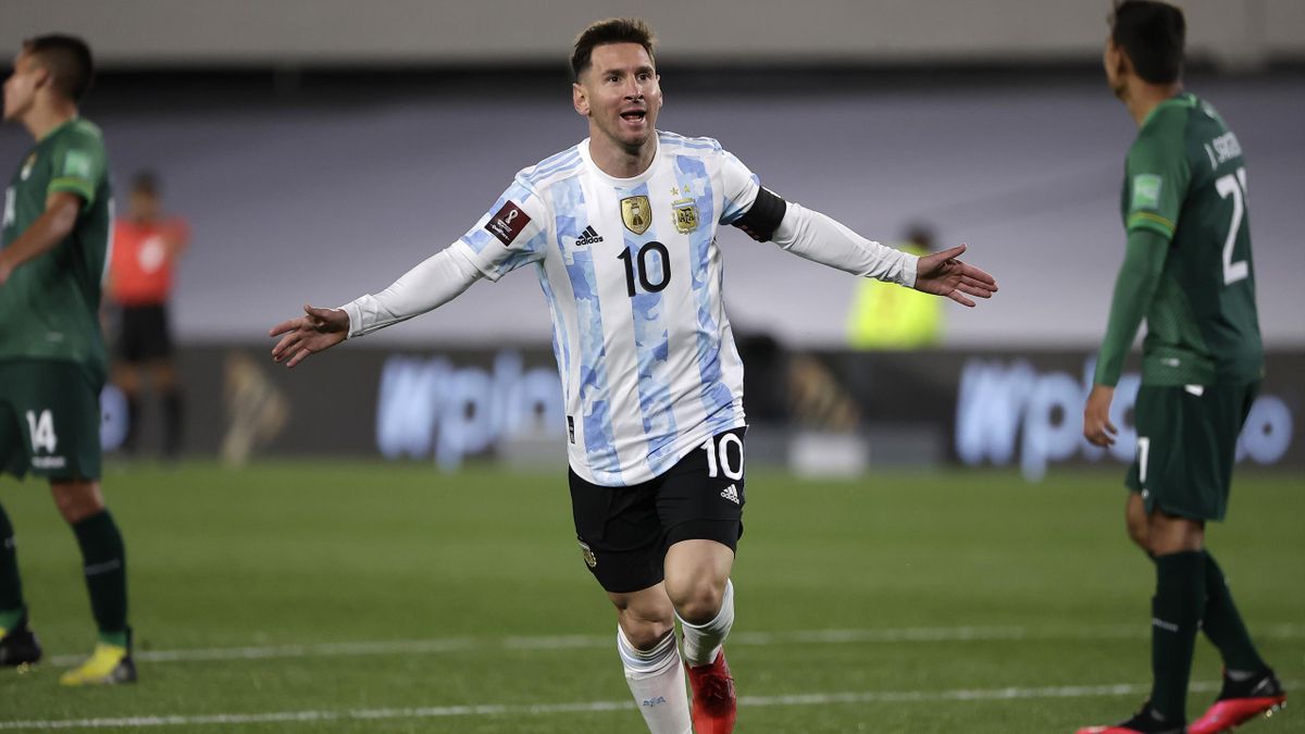 Lionel Messi of Argentina celebrates after scoring the opening goal during a match between Argentina and Bolivia as part of South American Qualifiers for Qatar 2022 at Estadio Monumental Antonio Vespucio Liberti on September 09, 2021
