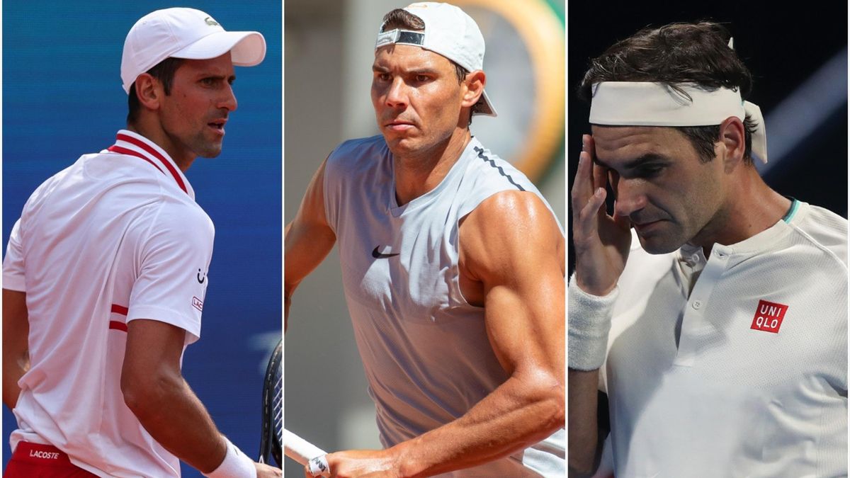 Novak Djokovic (t.v.), Rafael Nadal & Roger Federer (t.h)