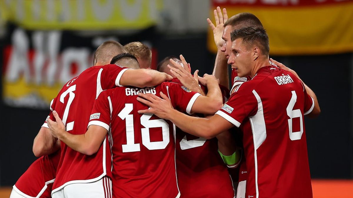 I giocatori dell'Ungheria esultano dopo il gol di Szalai segnato durante Germania-Ungheria - Nations League 2022-23