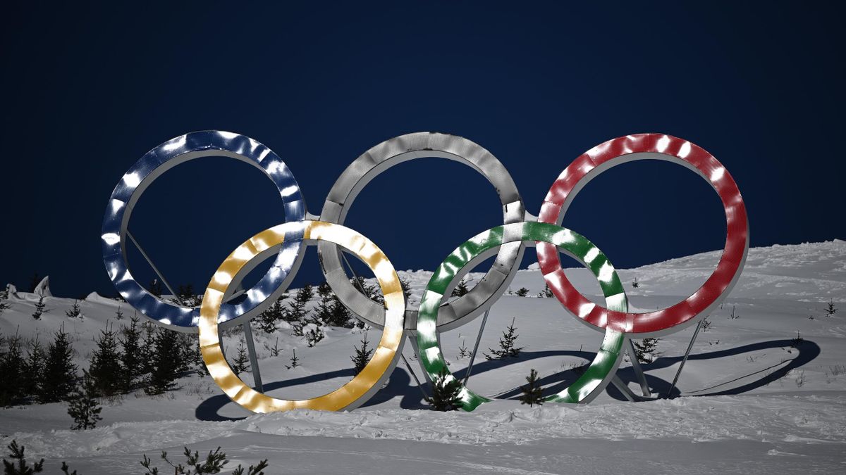 The Olympic Rings illuminated by the sun seen at Genting Snow Park, on January 26, 2022 in Zhangjiakou, China