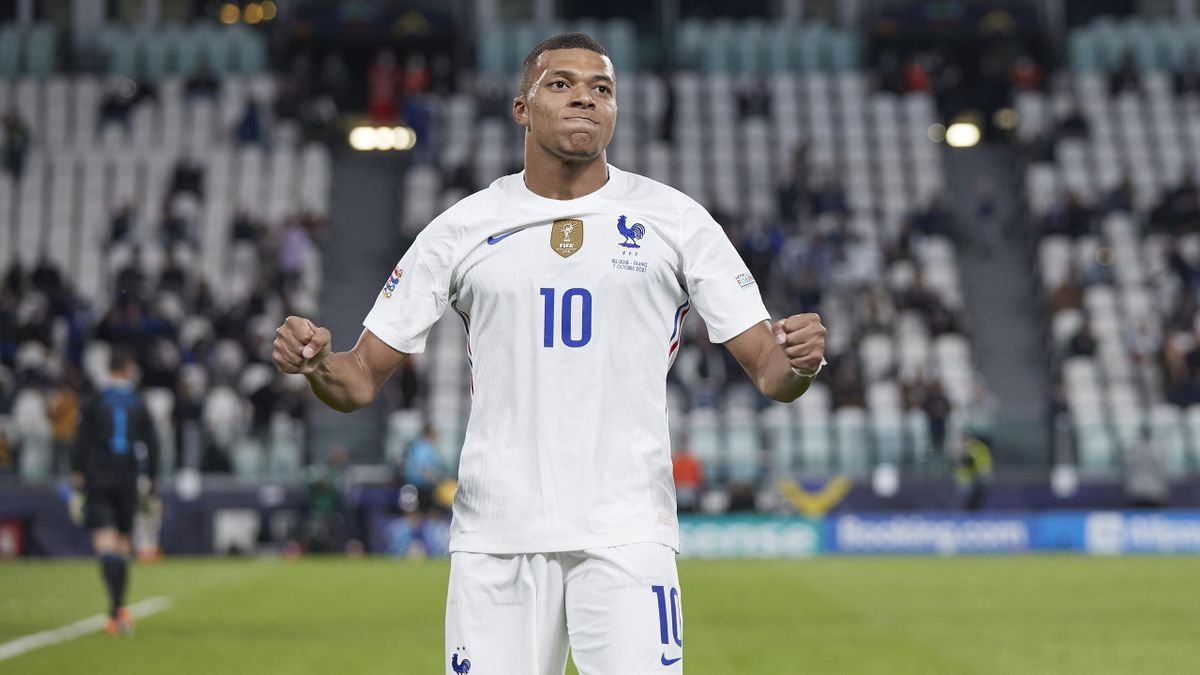 Kylian Mbappe of France celebrates after scoring his team's second goal during the UEFA Nations League 2021 Semi-final match between Belgium and France at Juventus Stadium on October 07, 2021 in Turin, Italy