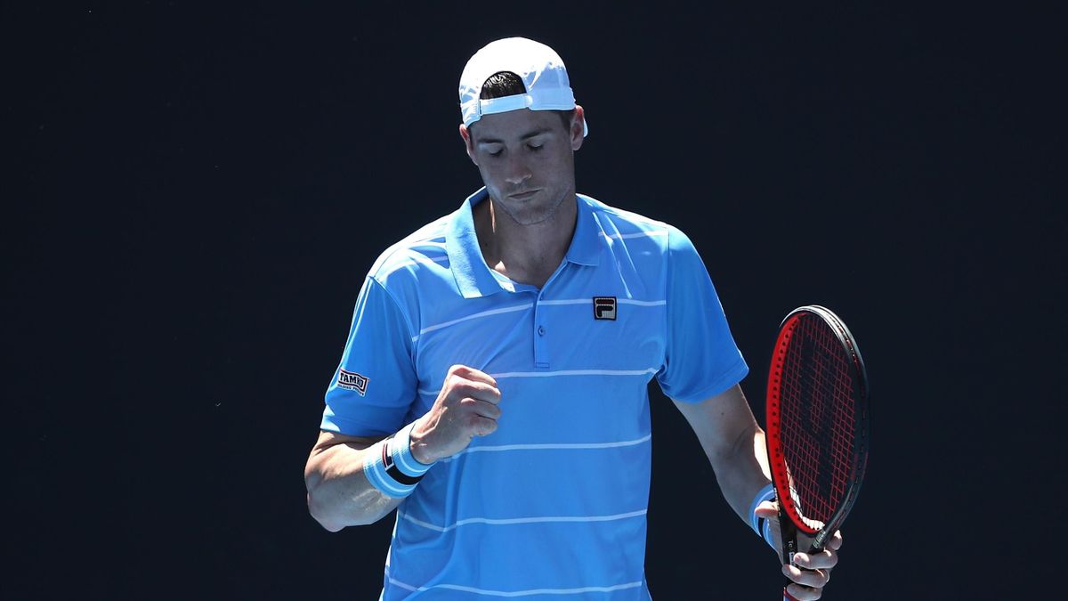 John Isner of the United States reacts in his first round match against Reilly Opelka of the United States during day one of the 2019 Australian Open at Melbourne Park on January 14, 2019 in Melbourne, Australia.