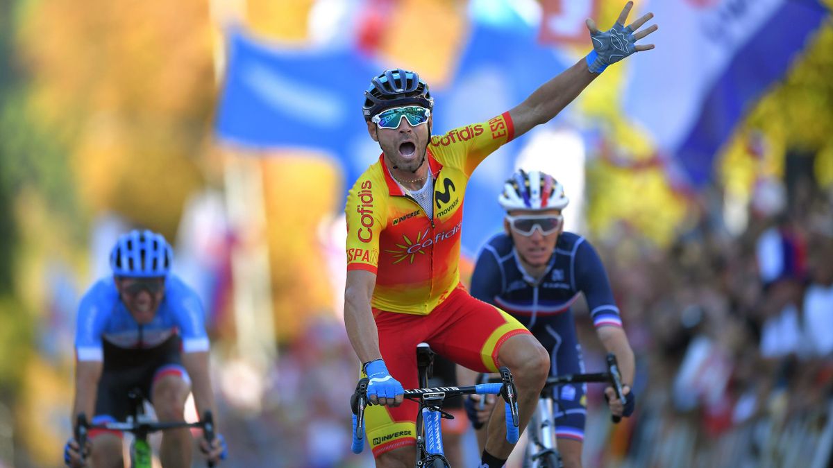 Alejandro Valverde of Spain Celebration / Romain Bardet of France / Michael Woods of Canada during the Men Elite Road Race a 258,5km race from Kufstein to Innsbruck 582m at the 91st UCI Road World Championships 2018