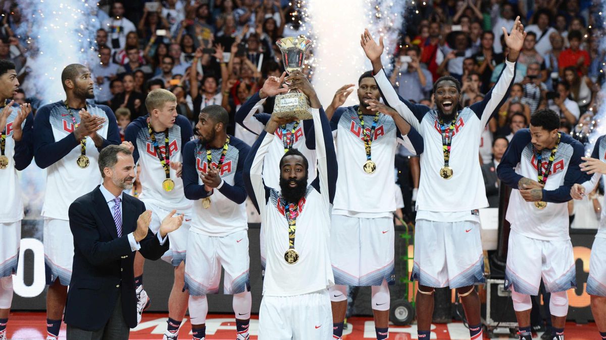 James Harden of the USA Men's National Team stands on the podium with the World Cup after defeating the Serbia National Team in the 2014 FIBA World Cup Finals