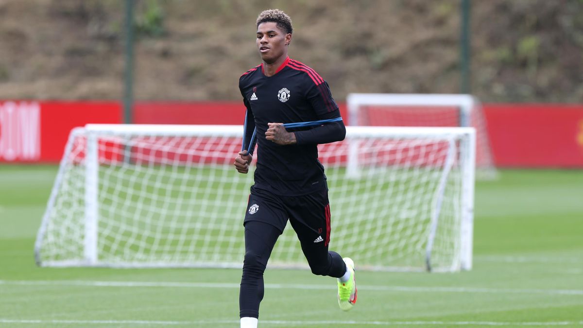 Marcus Rashford of Manchester United in action during a first team training session at Carrington Training Ground on August 25, 2021