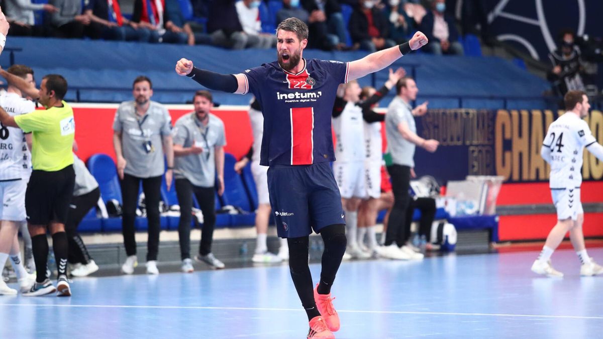 La joie de Luka Karabatic lors du quart de finale retour de Ligue des champions entre le PSG handball et Kiel, le 19 mai 2021.