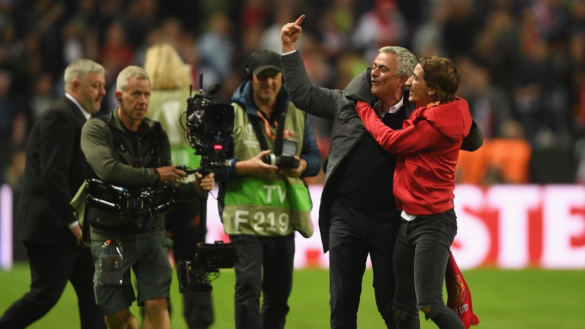 Jose Mourinho, Manager of Manchester United and his son Jose Mario Mourinho JR. celebrate victory following the UEFA Europa League Final between Ajax and Manchester United at Friends Arena on May 24, 2017 in Stockholm, Sweden.