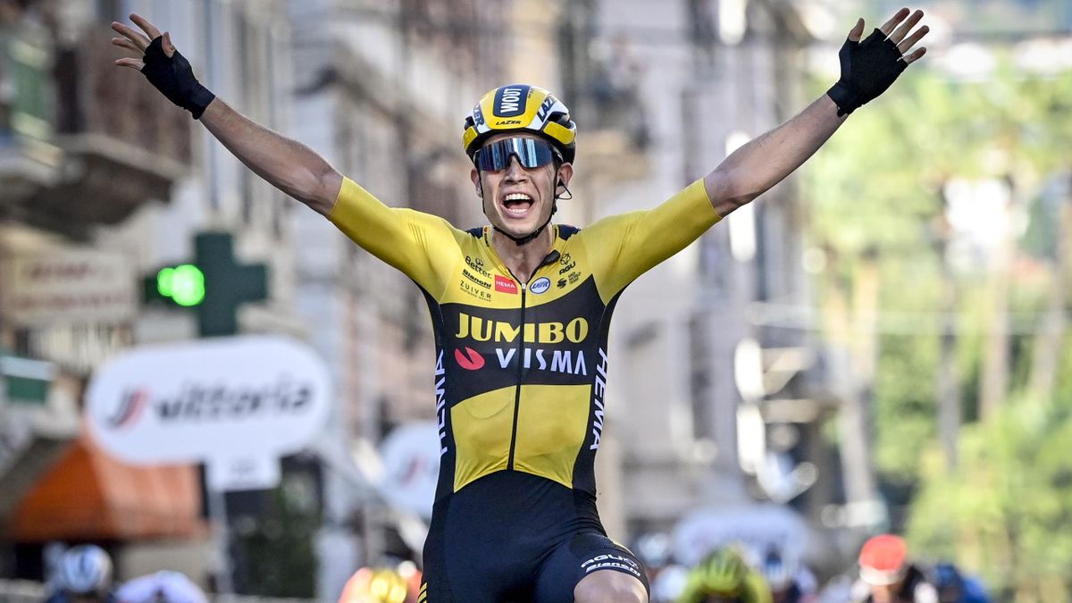 Wout Van Aert celebrates his 2020 Milan-Sanremo victory