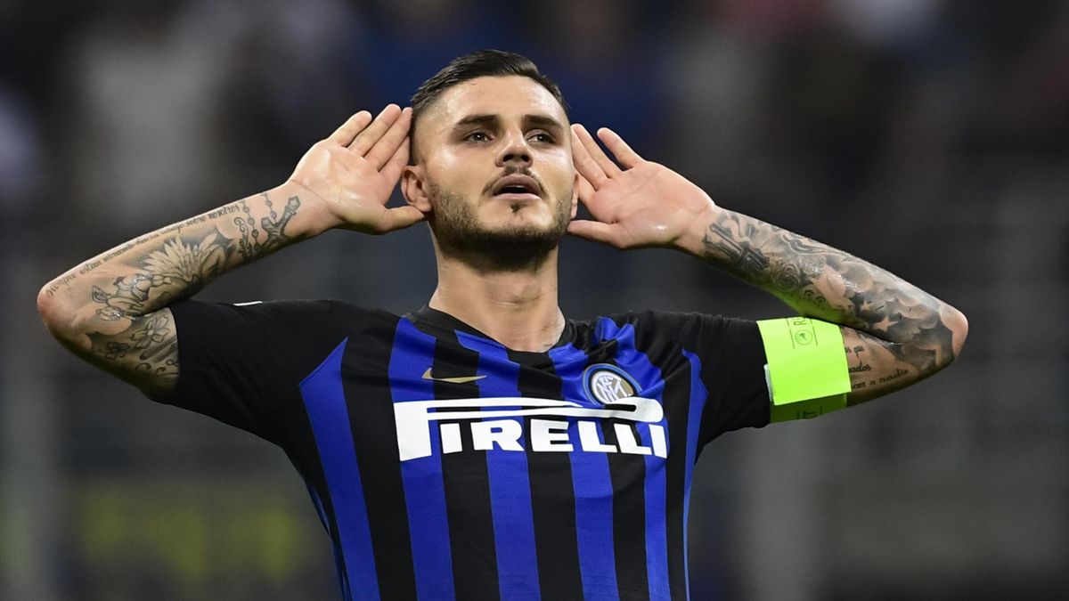 Inter Milan's Argentine forward Mauro Icardi reacts after scoring during the UEFA Champions League group stage football match Inter Milan vs Tottenham on September 18, 2018 at the San Siro stadium in Milan.