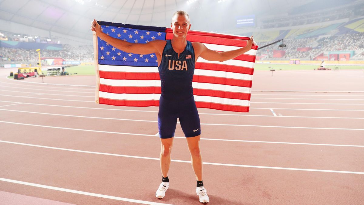 Sam Kendricks of the United States celebrates winning the Men's Pole Vault final during day five of 17th IAAF World Athletics Championships Doha 2019