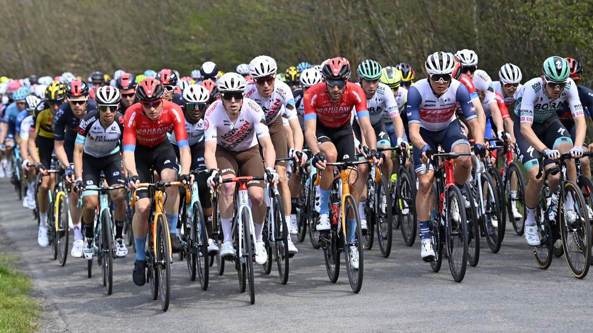 A group riders in action during the 85th edition of the men's race of 'La Fleche Wallonne', a one day cycling race