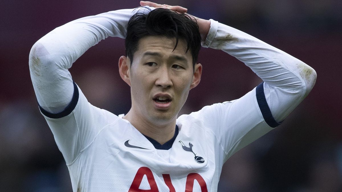 Son Heung-Min of Tottenham Hotspur puts his hands on his head after missing a chance during the Premier League match between Aston Villa and Tottenham Hotspur at Villa Park on February 16, 2020 in Birmingham, United Kingdom